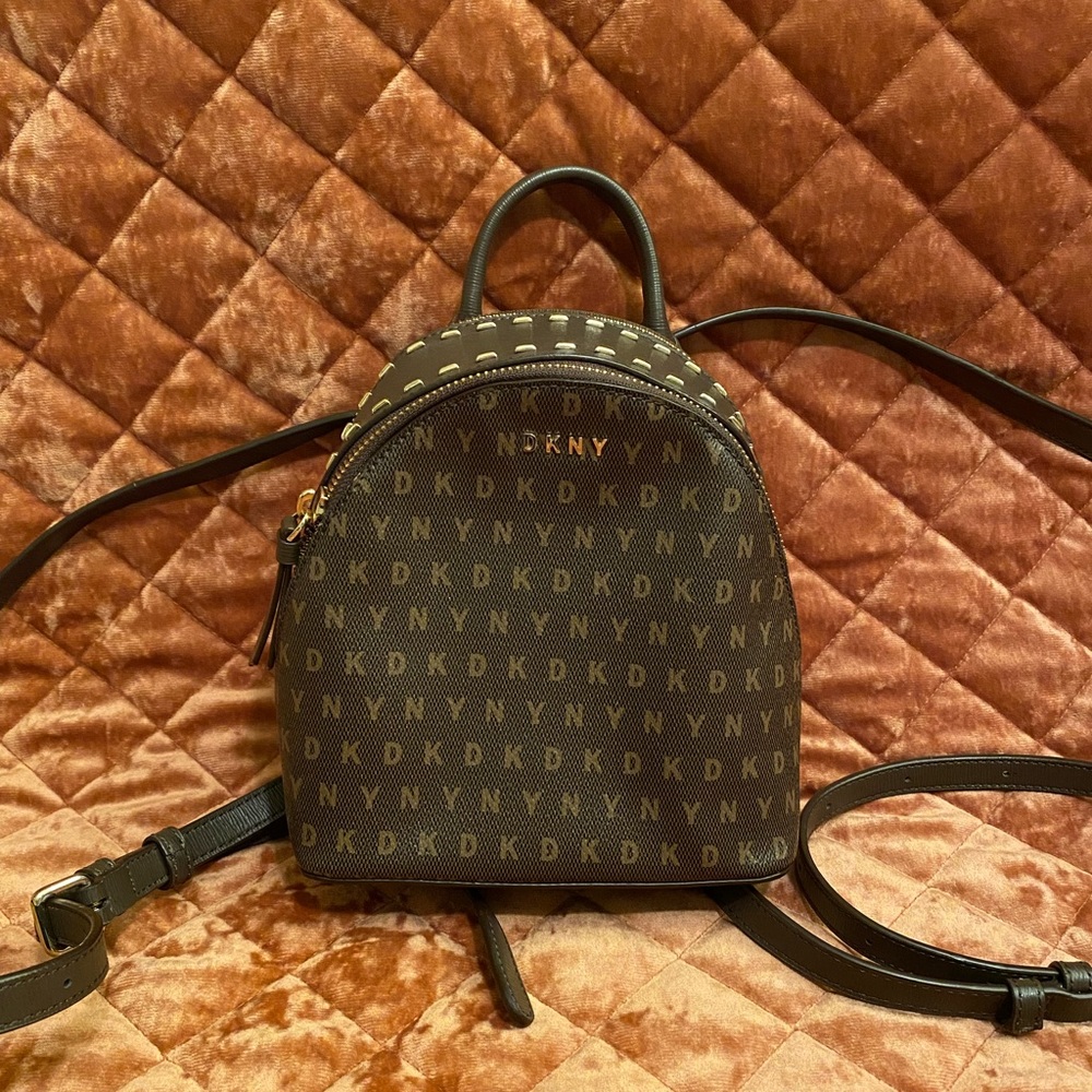 Mini brown faux leather DKNY backpack gold accents